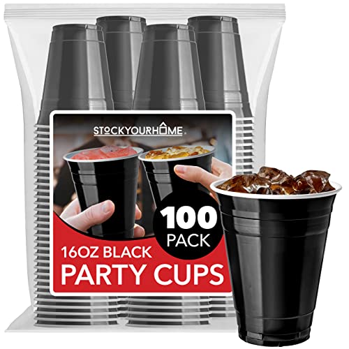 Stock Your Home Black Plastic Cups Disposable, 16oz (100 Count) Heavy-Duty, Large Party Cup Pack Bulk Pack for Drinking Punch, Soda, Wine, Beer, 4th of July, Halloween