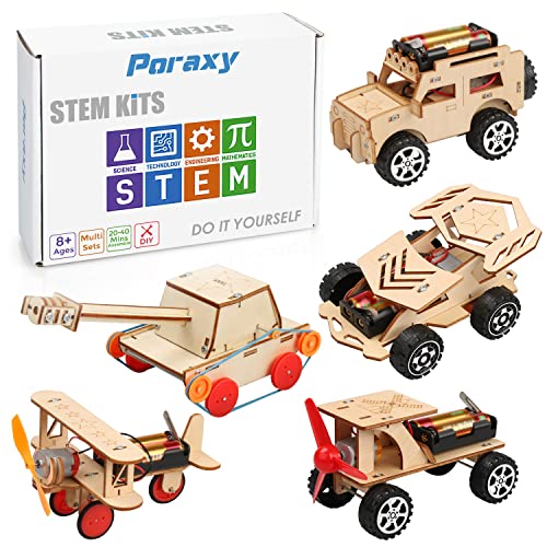 Poraxy 5 in 1 STEM Kits, STEM Projects for Kids Ages 8-12, Wooden Model Car Kits, Gifts for Boys 8-10, 3D Puzzles, Science Educational Building Crafts, Toys for 8 9 10 11 12 13 Year Old Boys and Girls