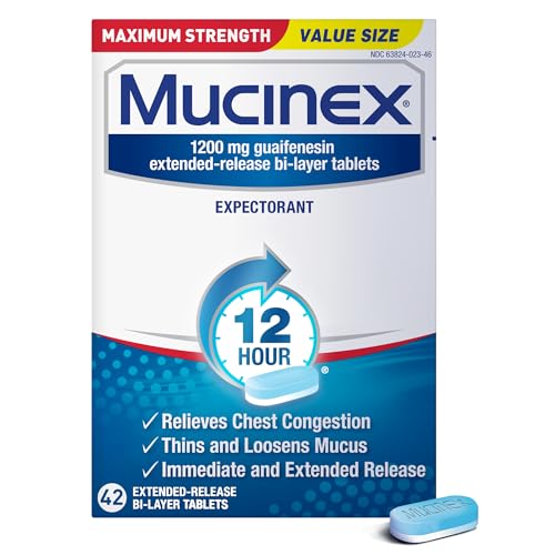 Mucinex 12 Hour 1200mg Maximum Strength Guaifenesin Chest Congestion & Mucus Relief, Guaifenesin Expectorant Aids Mucus Removal, Chest Decongestant for Adults, Dr Recommended, 42ct Tablets