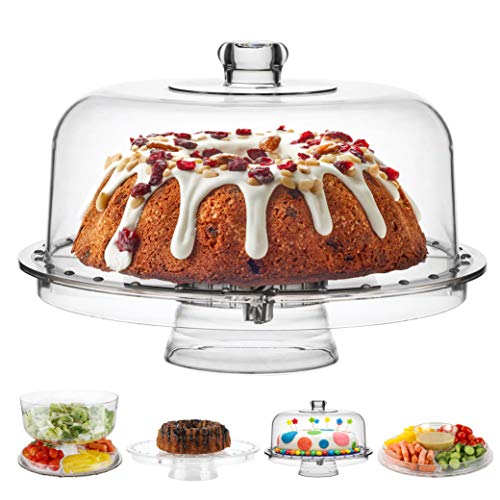 Homeries Cake Stand with Lid, Cake Plate, (6 in 1) Multi-Functional Serving Platter, Large Cake Stand with Dome - Use as Cake Holder, Cake Cover - Acrylic