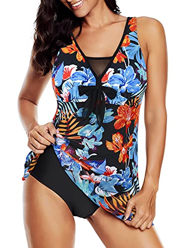 American Trends Plus Size Bathing Suit for Women One Piece Swimsuits Tummy Control Swim Skirt Modest Swimming Suit Swimwear Blue-red Floral 14-16