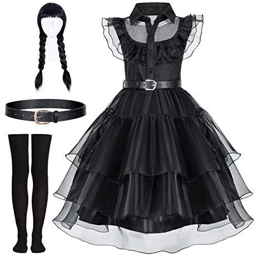 Black Dress Up Costume Set for Girls - Perfect for Birthdays Halloween Cosplay and Parties - Includes Dress Wig Socks and Belts 8-9 Years