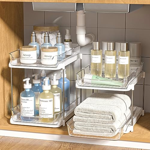 Delamu 2 Sets of 2-Tier Multi-Purpose Bathroom Under Sink Organizers and Storage, Stackable Kitchen Pantry Organization, Pull Out Medicine Cabinet Organizer with 8 Movable Dividers
