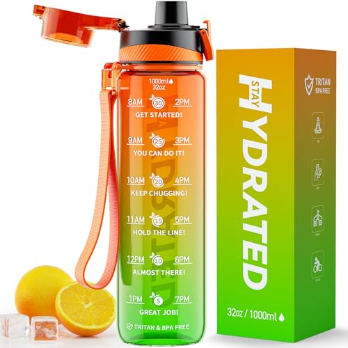 All-New 32 oz Water Bottle, Motivational Water Bottles with Time Marker-Tritan & BPA Free, Sports Water Bottle No Straw with Time to Drink & Strap, Wide Mouth, Leakproof for Gym Fitness