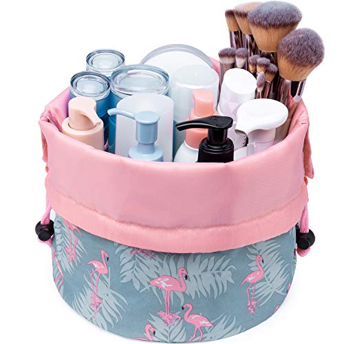 Barrel Drawstring Makeup Bag Travel Cosmetic Bag Large Toiletry Organizer Waterproof for Women (Large, Flamingo)