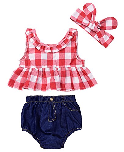 IWOKA Baby Girls Plaid Ruffle Bowknot Tank Top+Denim Shorts Outfit with Headband (80(6-12M), Red)