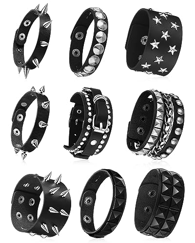 Hicarer 9 Pieces Spiked Studded Bracelet Black Leather Rivet Punk Bracelet Cuff Wrap Bangle Snap Button Metal Wristband for Men Women (Trendy Style)