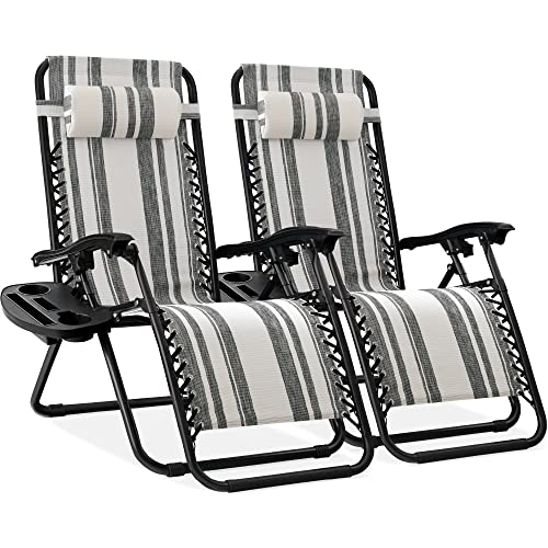 Best Choice Products Set of 2 Adjustable Steel Mesh Zero Gravity Lounge Chair Recliners w/Pillows and Cup Holder Trays - Gray Stripes