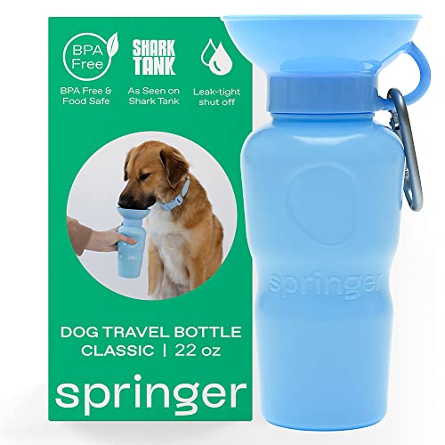 Springer Dog Water Bottle | Portable Travel Water Bottle Dispenser for Dogs - As Seen on Shark Tank | Patented, Leak-Proof Bottles Fill Bowl with Water - Ideal for Walking | BPA-Free 22oz Blue