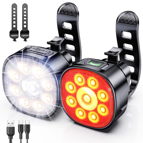 Cuvccn Bike Lights [8+7 Modes], USB Rechargeable Bike Lights Front and Back, Ultra Bright with Spotlight & Floodlight, IP65 Waterproof Bicycle Lights for Road Mountain Day/Night Cycling Safety