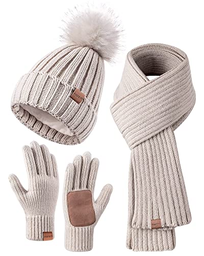 Womens Fleece Lined Winter Hat, Scarf and Glove Set - With Pom Pom Beanie, Long Scarf and Touchscreen Gloves (Oatmeal)