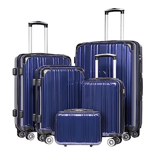 Coolife Luggage Expandable 5 Piece Sets PC+ABS Spinner Suitcase 20 inch 24 inch 28 inch (navy new)