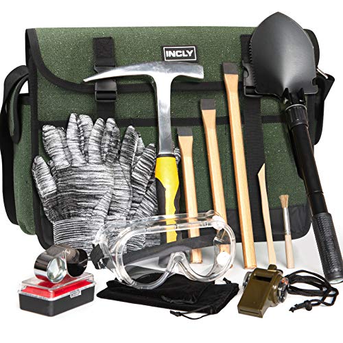 INCLY 15 PCS Geology Rock Pick Hammer Kit, 32oz Hammer & 3 PCS Digging Chisels Set for Rock Hounding, Gold Mining & Prospecting Equipment Tool Gear Shovel Musette Bag, Compass, Whistle, Wooden Chisel