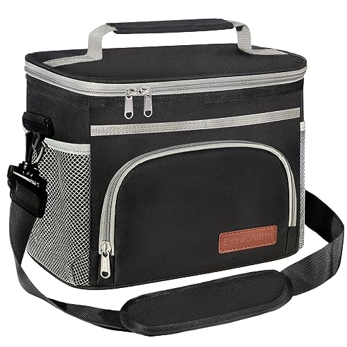 ExtraCharm Insulated Lunch Bag for Women/Men - Reusable Lunch Box for Office Picnic Hiking Beach - Leakproof Cooler Tote Bag Organizer with Adjustable Shoulder Strap for Adults-Black grey