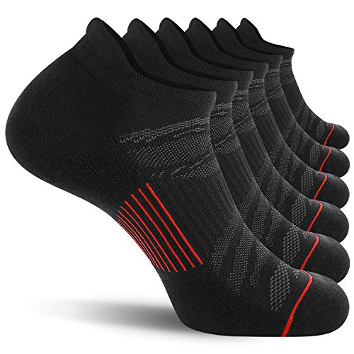 FITRELL 6 Pack Men's Ankle Running Socks Low Cut Cushioned Athletic Sports Socks, Shoe Size 9-12, Black+Red