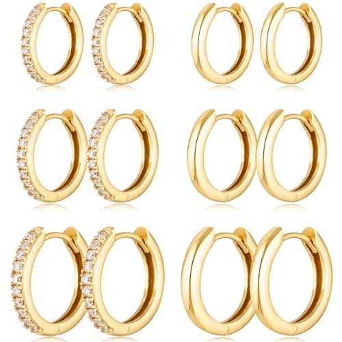 Gold Hoop Earrings Set 14k Real Gold Plated Huggie Hoop Earrings Hypoallergenic Tiny Lightweight Cartilage Cubic Zirconia Jewelry Everyday Earrings for Women Girls Piercing (6Pairs Gold)