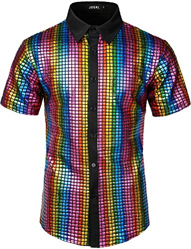 JOGAL Men's 70s Costume Rainbow Sequins Disco Party Dress Short Sleeve Button Down Shirts X-Large A353 Multicoloured