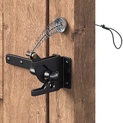 skysen Self Locking Fence Gate Latch Carbon Steel Black/Lock Post Mount with Stainless Steel Spring Cable Pull(JLXSDS-1)