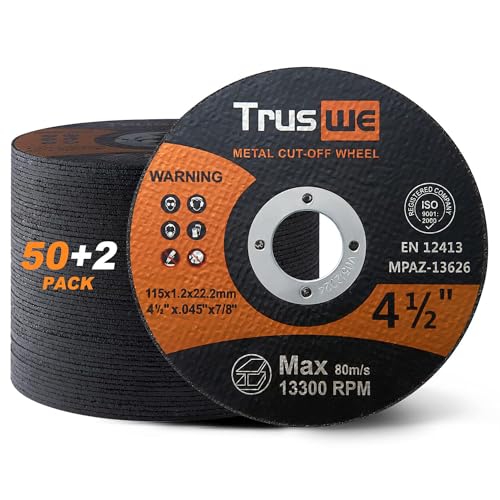 Truswe Cut Off Wheels 52 Pack,4 1/2 Inch,0.45 USD/Pack,Metal and Stainless Steel Cutting Wheel for Angle Grinder,Ultra Thin Cut-Off Wheel Cutting Disc (52 PCS 4-1/2 x .045 x 7/8 inch Cut Off Wheels)