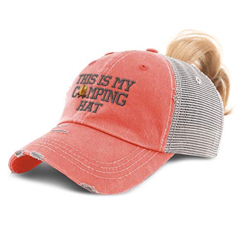 Speedy Pros Womens Ponytail Cap This My Camping Hat Embroidery Cotton Distressed Trucker Hats Strap Closure Coral