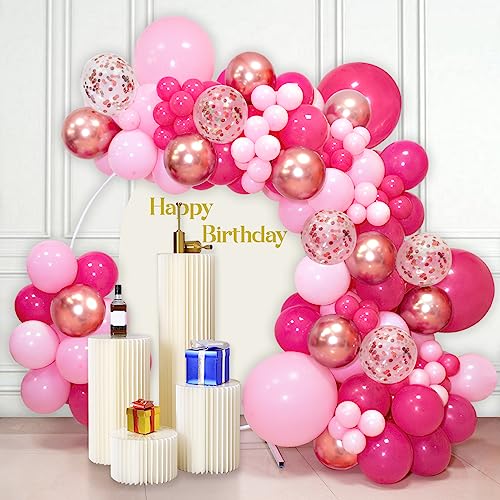 Pink Balloon Garland Arch Kit, 142pcs Hot Pink Rose Gold Balloons with Confetti Balloons for Mother's Day Decoration Girl's Birthday Bridal Baby Shower Princess Theme Party Background Decorations