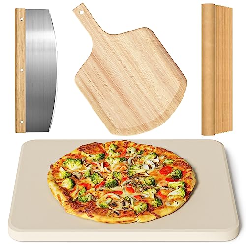 4 PCS Rectangle Pizza Stone Set, 15' Large Pizza Stone for Oven and Grill with Pizza Peel(OAK), Pizza Cutter & 10pcs Cooking Paper for Free, Baking Stone for Pizza, Bread,BBQ（gift for Mom)