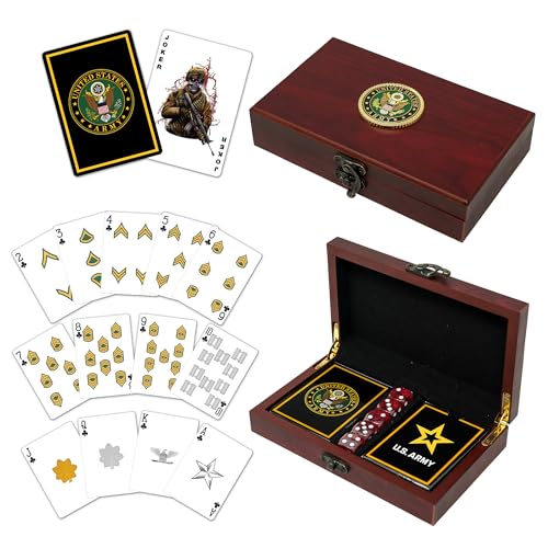 Military Gift Shop US Army Playing Cards & Dice in Elegant Wooden Keepsake Box - Army Rank Insignia Cards - US Army Gifts | Disabled USMC Vet Owned Small Business