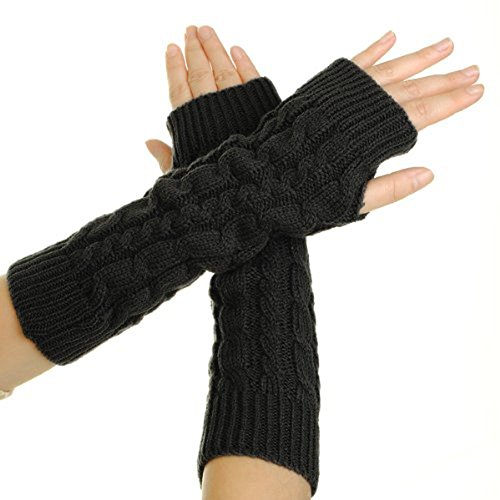 Flammi Women's Cable Knit Arm Warmers Fingerless Gloves Thumb Hole Gloves Mittens (Black)