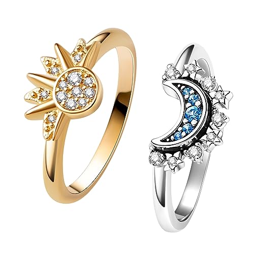 Une Douce Celestial Sun and Moon Ring Set, Sparkling Sun Ring/Blue Moon Ring with 14k Gold/Silver Plating, Friendship Promise Ring, Stackable Celestial Rings for Women Girls (size 7)