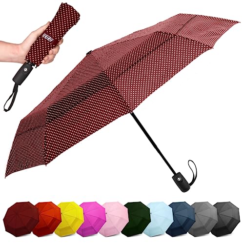 EEZ-Y Windproof Travel Umbrellas for Rain - Lightweight, Strong, Compact with & Easy Auto Open/Close Button for Single Hand Use - Double Vented Canopy for Men & Women - Caffe Polka Dots
