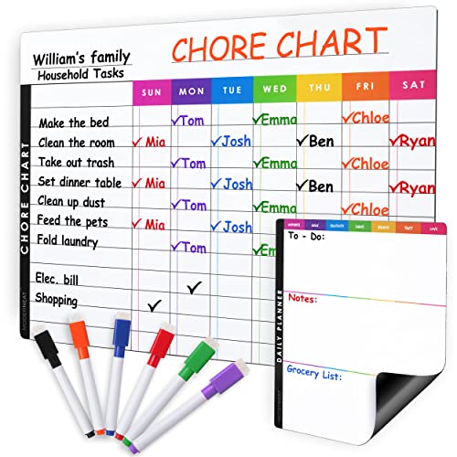 Magnetic Reward Chores Chart Dry Erase Whiteboard Set for Multiple Kids, Teens & Adults (11.5'x 15'), Daily To-Do, Grocery, Notes (7'x 9') -Behavior Chart For Fridge & 6 Fine Tip Markers