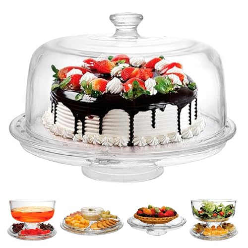Extra Large (12') 6 in 1 Acrylic Cake Stand with Dome Lid Multifunctional Serving Platter and Plate, Salad Bowl/Veggie Platter/Punch Bowl/Desert Platter/Chips & Dip - BPA Free