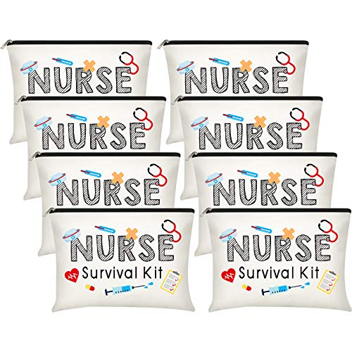 Frienda 8 Pcs Nurse Survival Kit Makeup, Cosmetic Bag Nurse Practitioner Gifts Toiletry Bag Funny Travel Bag Nurses School Supplies for Nursing Student (White)