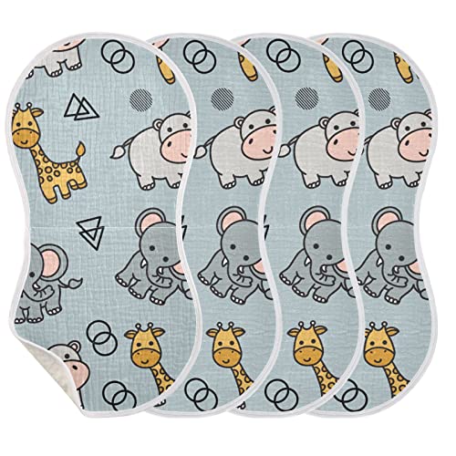 YYZZH Hippo Elephant Giraffe Animal Muslin Burp Cloths for Baby 4 Pack 100% Cotton Baby Washcloths Bibs for Boy Girl