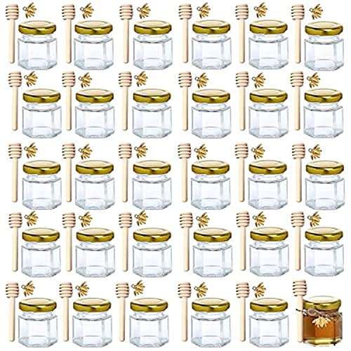 XING-RUIYANG 1.5 oz Hexagon Mini Glass Honey Jars -30Pack Honey Jars with Wood Dipper, Gold Lid, Bee Pendants, Jutes - Perfect for Baby Shower, Wedding Favors, Party Favors