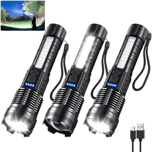 3Pack Rechargeable Flashlights, 7Mode Tactical Flashlights High Lumens 280000, Super Bright Flashlight Powerful, LED Flashlight Waterproof, Flash Light High Powered Zoomable for Emergencies Camping
