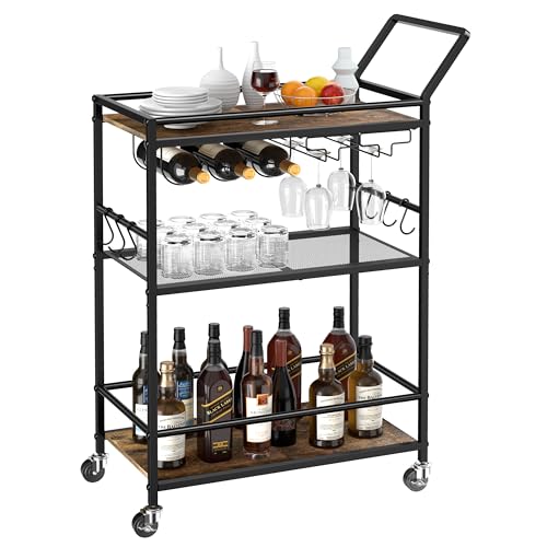 eletecpro 3-Tier Bar Cart Mobile Home Bar Serving Tool with Handrail and Wheels for Cafe and Kitchen, Height-Adjustable Shelf with Wine Rack and Glass Holder, Comes with 6 Hooks Movable Beverage Cart