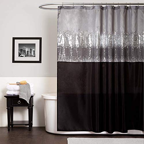 Lush Decor Night Sky Shower Curtain - Chic Shimmery Two-Tone Sequins, Glamorous Sparkle & Modern Color Block Design - Ideal for Modern Glam Bathroom Decor - 72' W x 72' L, Black & Gray