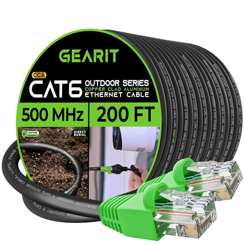 GearIT Cat6 Outdoor Ethernet Cable (200 Feet) CCA Copper Clad, Waterproof, Direct Burial, In-Ground, UV Jacket, POE, Network, Internet, Cat 6, Cat6 Cable - 200ft for Personal Computer