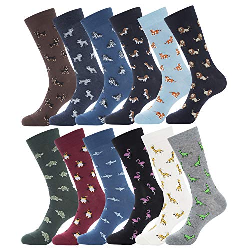 YEJIMONG Men’s Fun Animal Patterned Dress Socks - Cotton Funny and Novelty Casual Crew Socks 12 Pack (Shoe Size 9-12) (Animal Pattern - 12 Pairs)