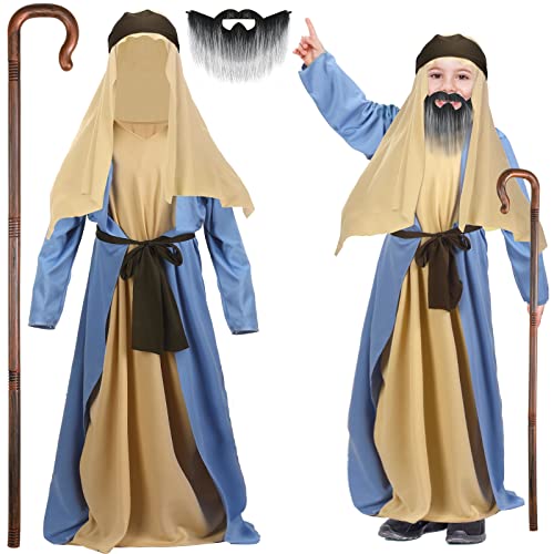 Patelai 6 Pcs Child Shepherd Costume Kids Child Jesus Costume with Robe Lining Scarf Sash Cane Beard for Halloween Cosplay (Medium)