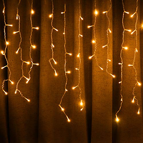 LED Solar Icicle String Lights,36Ft/11M 264 LEDs Waterproof Extendable Curtain Icicle Lights Plug in Fairy String Lights Christmas Lights for Bedroom Patio Yard Garden Wedding Party(Warm White)