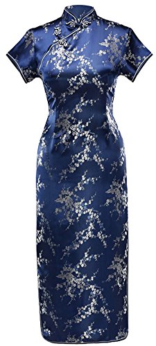 7Fairy Women's VTG Navy Blue Floral Long Chinese Prom Dress Cheongsam Size 8 US