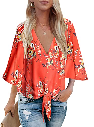 Womens Tops Boho Short Sleeve Casual Spring Tie Front Blouses Floral V Neck Shirts Red