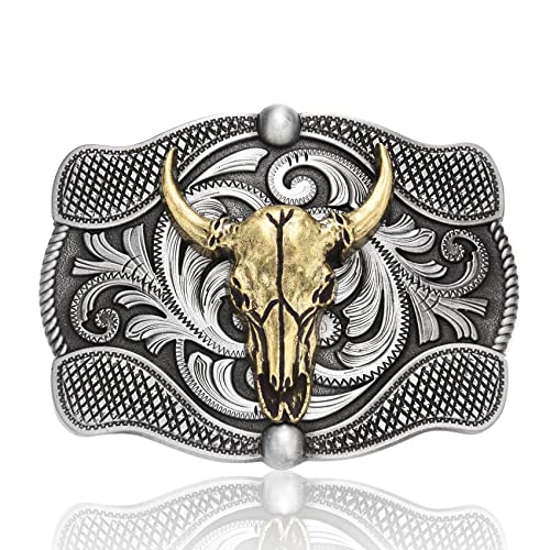 BBOTEN Horn Bull Western Belt Buckle for Women Men, Cowboy Horn Skull Floral Engraved Buckle, Texas Coppery Belt Buckles