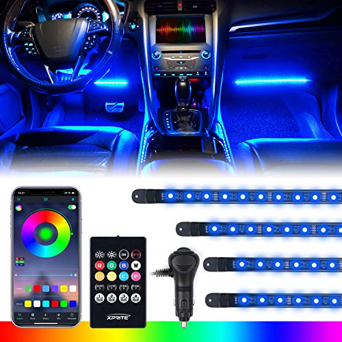 Xprite RGB LED Car Interior Bluetooth Light Strips w/Remote & Control Box, Silicone Sealed, Under Dash Footwell Lights Kit w/Cigarette Adapter for Vehicle Internal SUV Truck - 4 PCS