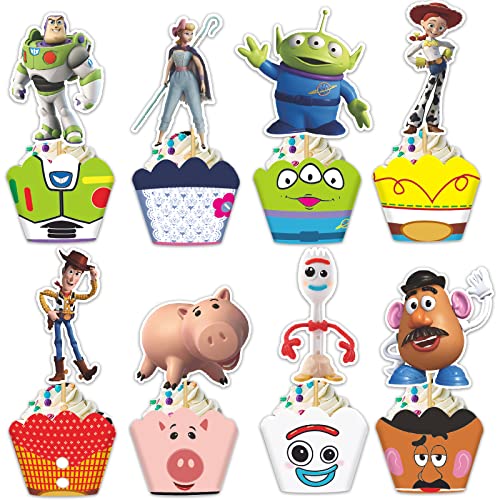 48Pcs Toy Inspired Story Cupcake Toppers and Wrappers for Cake Decorations, Toy Inspired Story Cake Topper Birthday Party Supplies for Boys Girls.
