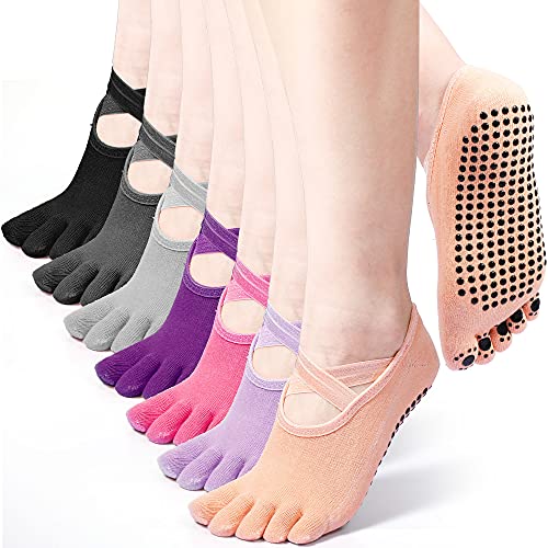 SATINIOR 7 Pairs Yoga Socks Women Non Slip Sticky Gripper and Straps Full Toe Sock for Pilates, Ballet, Dance, Barefoot (Multi Colors)