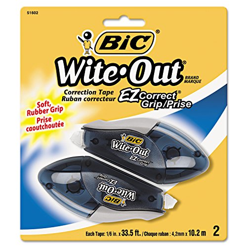 BIC Wite-Out Brand EZ Correct Grip Correction Tape, 33.5 Feet, 2-Count Pack of white Correction Tape, Fast, Clean and Easy to Use Tear-Resistant Tape Office or School Supplies