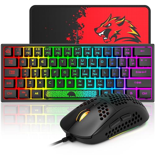 60% Gaming Keyboard and Mouse Combo Small Mini RGB Backlight Mechanical Feeling and Mechanical RGB 6400 DPI Honeycomb Optical Mouse,Gaming Mouse pad for Gamers and Typists Black